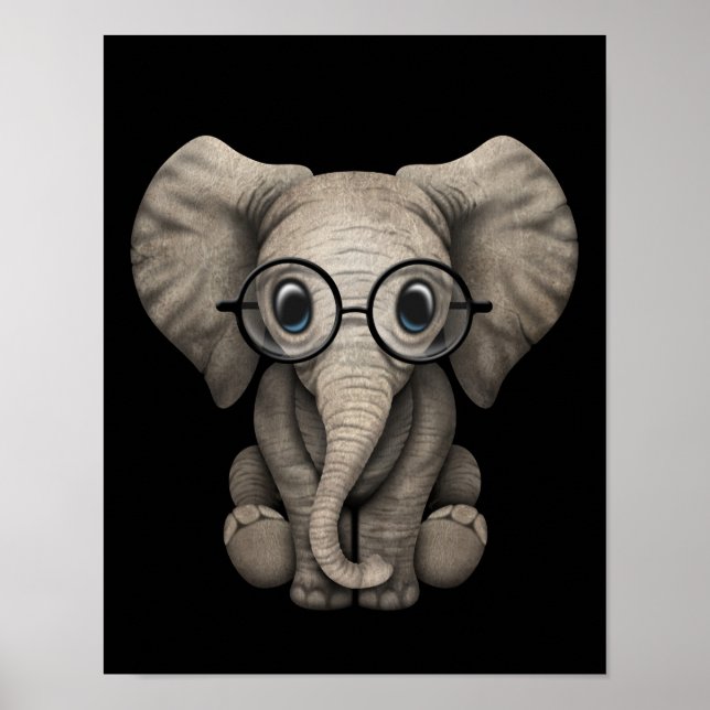 Cute Baby Elephant with Reading Glasses Black Poster (Front)