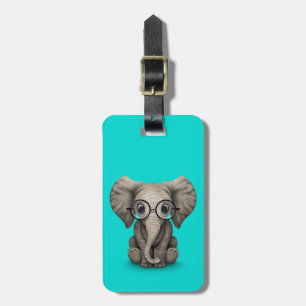 Cute Baby Elephant with Reading Glasses Blue Luggage Tag