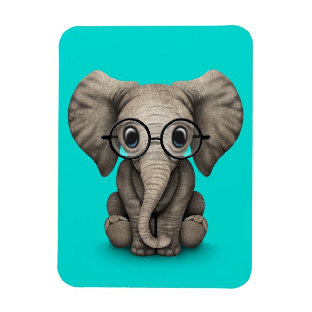 Cute Baby Elephant with Reading Glasses Blue Magnet (Vertical)