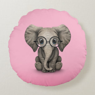 Cute Baby Elephant with Reading Glasses Pink Round Cushion