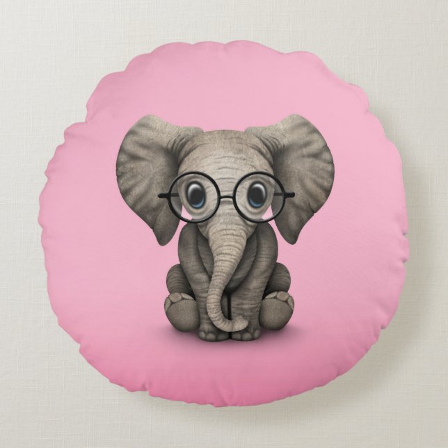 Cute Baby Elephant with Reading Glasses Pink Round Cushion (Front)