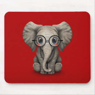 Cute Baby Elephant with Reading Glasses Red Mouse Mat