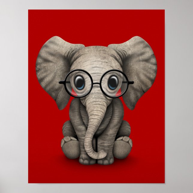 Cute Baby Elephant with Reading Glasses Red Poster (Front)