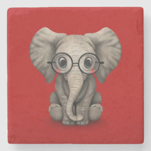 Cute Baby Elephant with Reading Glasses Red Stone Coaster