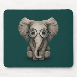 Cute Baby Elephant with Reading Glasses Teal Mouse Mat