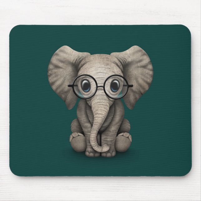 Cute Baby Elephant with Reading Glasses Teal Mouse Mat (Front)