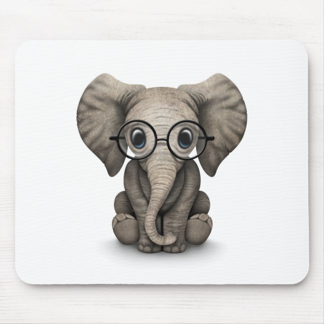 Cute Baby Elephant with Reading Glasses White Mouse Mat (Front)