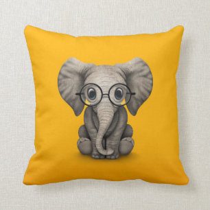 Cute Baby Elephant with Reading Glasses Yellow Cushion