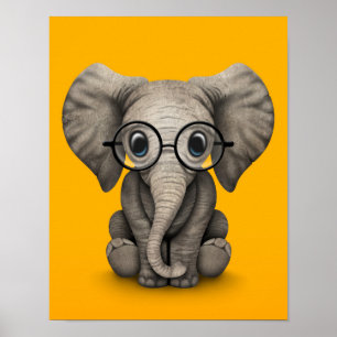 Cute Baby Elephant with Reading Glasses Yellow Poster