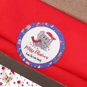 Cute Baby Elephant With Zoo Merry Christmas  Classic Round Sticker