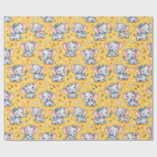 Cute Baby Elephants Floral Seamless Pattern Wrapping Paper