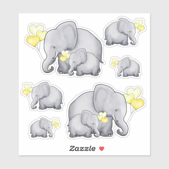 Cute Baby Elephants with Yellow Heart Balloons (Sheet)
