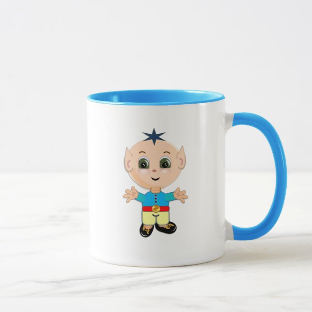 Cute baby elf cartoon in blue and yellow mug (Right)