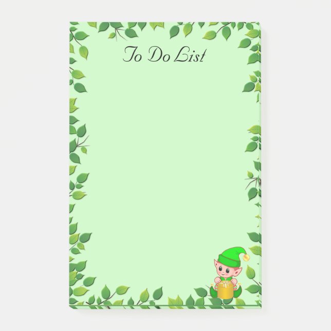 Cute Baby Elf & Green Leaf Frame on Light Green Post-it Notes (Front)