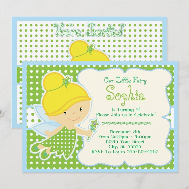 Cute, Baby Fairy Birthday Party Invitations (Front/Back)