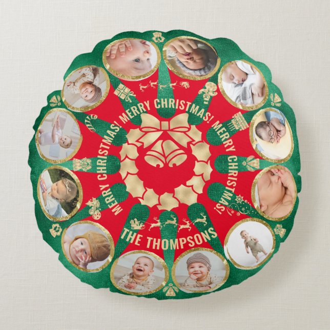 Cute Baby Family Milestone 12 Photo Collage Wreath Round Cushion (Front)