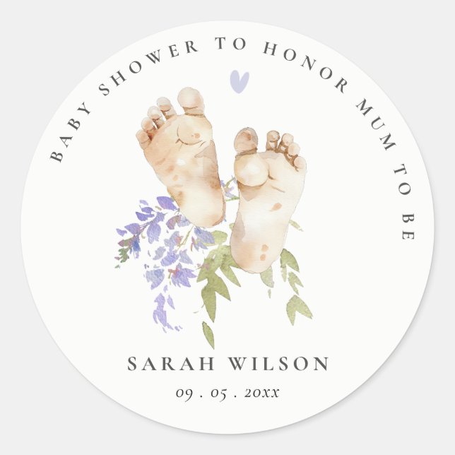 Cute Baby Feet Blue Floral Boy Baby Shower Classic Round Sticker (Front)
