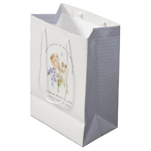 Cute Baby Feet Blue Floral Boy Baby Shower Medium Gift Bag