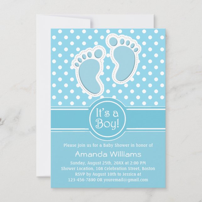 Cute Baby Feet Blue White - Its a Boy Baby Shower Invitation (Front)