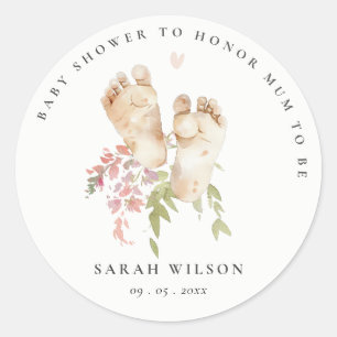 Cute Baby Feet Blush Pink Floral Girl Baby Shower Classic Round Sticker