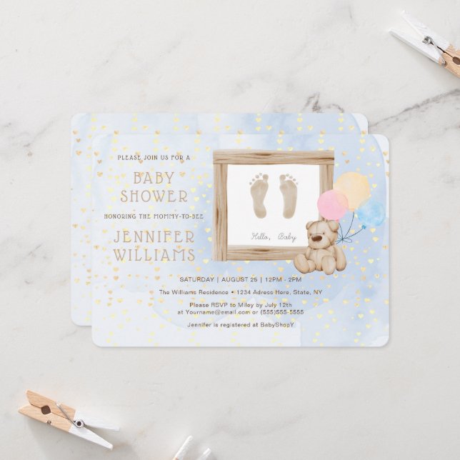 Cute Baby Feet Watercolor Blue Baby Shower Modern Invitation (Front/Back In Situ)