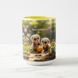 Cute baby ferrets playing with a ball, custom mug