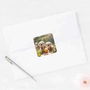 Cute baby ferrets playing with a ball, custom square sticker
