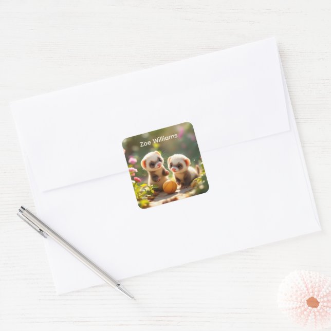 Cute baby ferrets playing with a ball, custom  square sticker (Envelope)