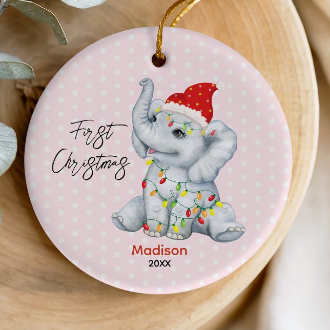 Cute baby first Christmas baby elephant pink Ceramic Tree Decoration (Creator Uploaded)