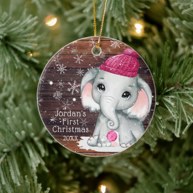 Cute BABY FIRST CHRISTMAS Pink Elephant Wood Snow Ceramic Tree Decoration (Tree)
