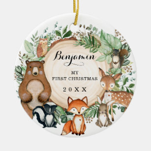 Cute Baby First Christmas Woodland Forest Animals Ceramic Tree Decoration