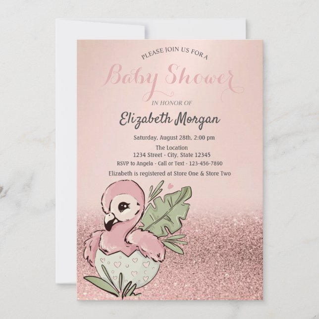 Cute Baby Flamingo Rose Gold Glitter Baby Shower Invitation (Front)