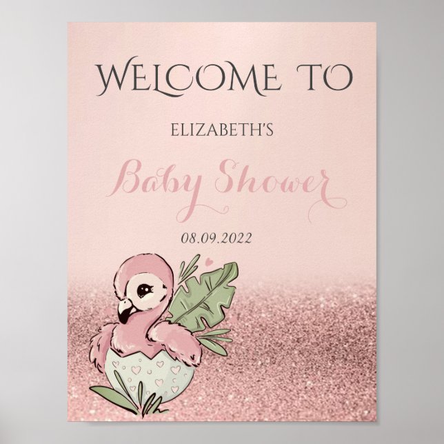 Cute Baby Flamingo Rose Gold Glitter Baby Shower  Poster (Front)