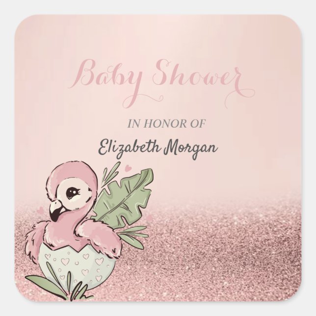 Cute Baby Flamingo Rose Gold Glitter Square Sticker (Front)