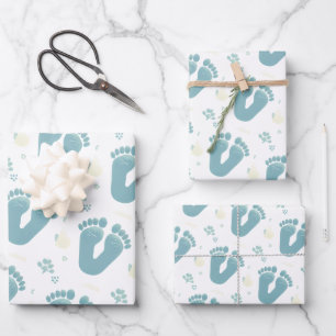 Cute Baby Footprints Blue Boy Theme Wrapping Paper Sheet