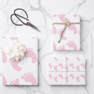 Cute Baby Footprints Pink Girl Theme Wrapping Paper Sheet