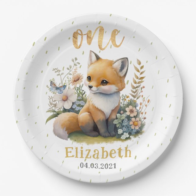 Cute Baby Fox 1st Birthday Party Paper Plates (Front)