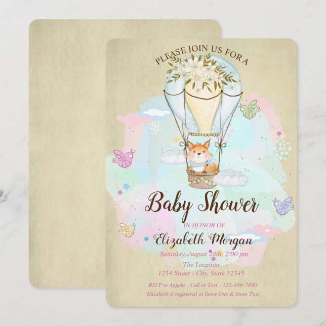 Cute Baby Fox,Air Balloon, Butterfly Baby Shower Invitation (Front/Back)