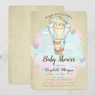 Cute Baby Fox,Air Balloon, Butterfly Baby Shower Invitation