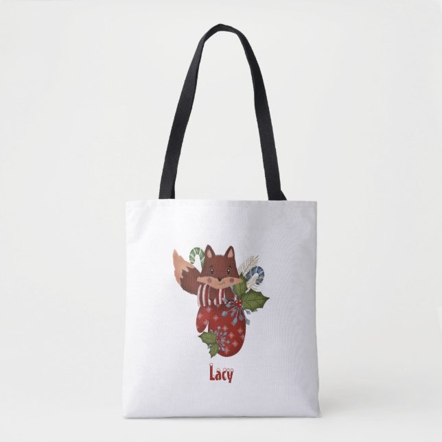 Cute Baby Fox and Christmas Mitten Tote Bag (Front)