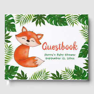 Cute Baby Fox Baby Shower Tropical Leaves Guest Book