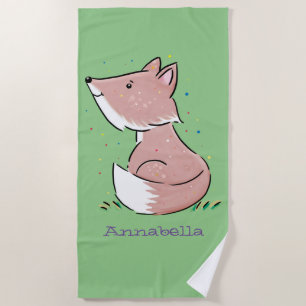 Cute baby fox cartoon illustration beach towel