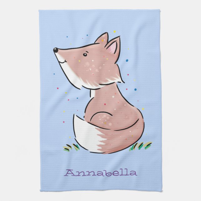 Cute baby fox cartoon illustration tea towel (Vertical)