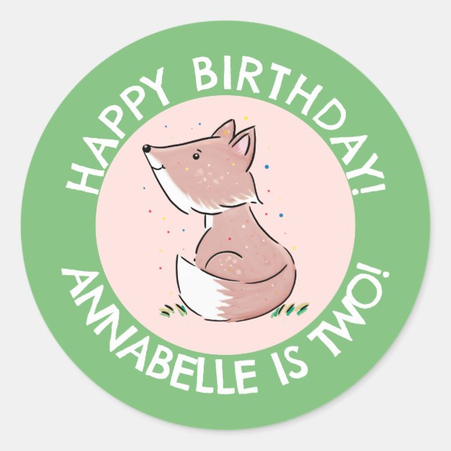 Cute baby fox cartoon personalised birthday classic round sticker (Front)