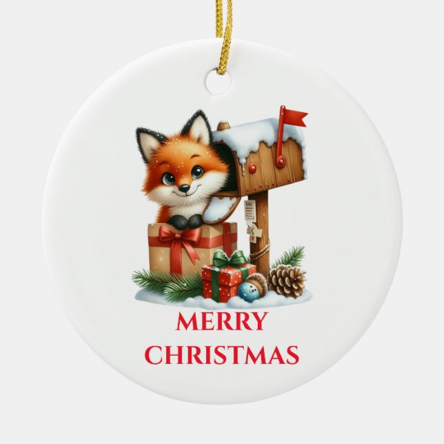 Cute Baby Fox Christmas Ceramic Tree Decoration (Front)