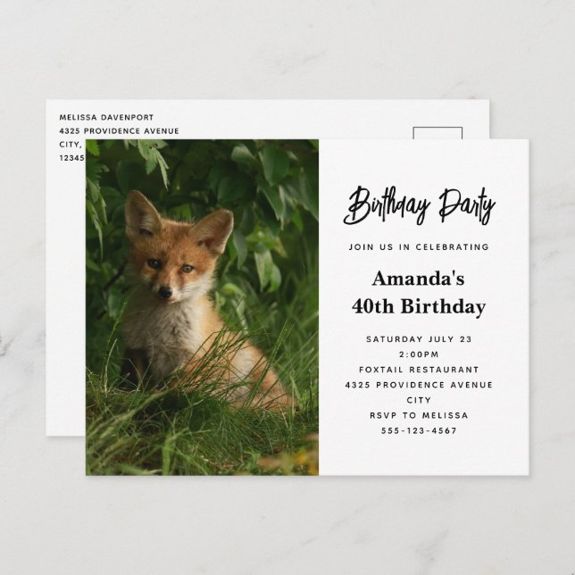 Cute Baby Fox in a Green Forest Birthday Invitation Postcard (Front/Back)