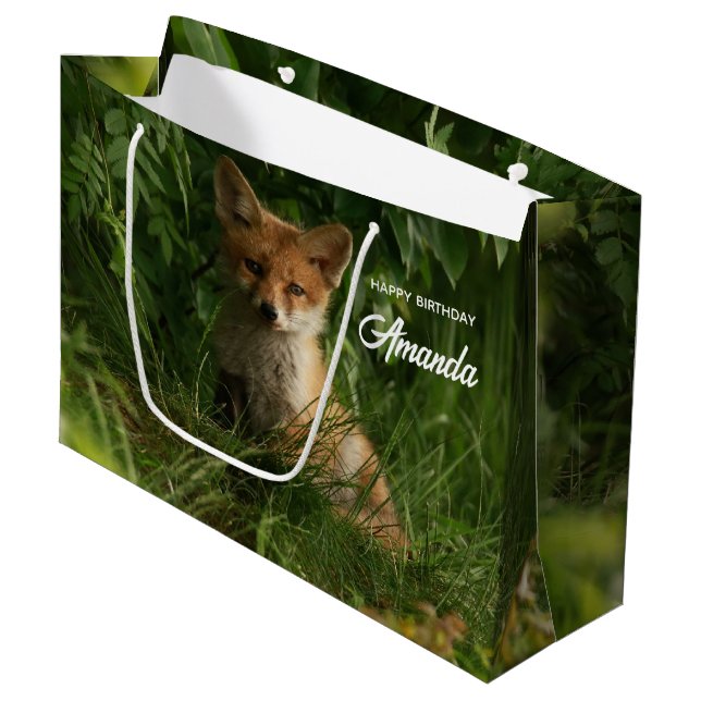 Cute Baby Fox in a Green Forest Birthday Large Gift Bag (Front Angled)