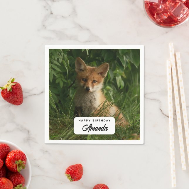 Cute Baby Fox in a Green Forest Birthday Napkin (Insitu)