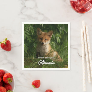 Cute Baby Fox in a Green Forest Birthday Napkin