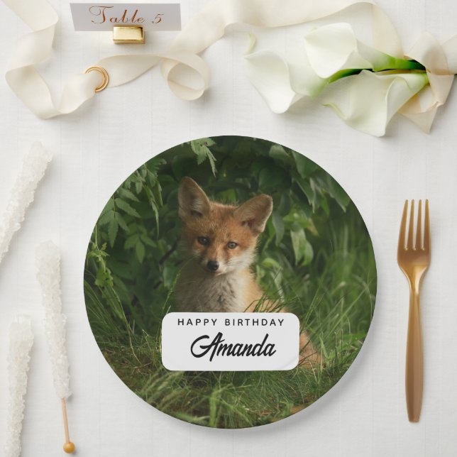Cute Baby Fox in a Green Forest Birthday Paper Plate (Wedding)